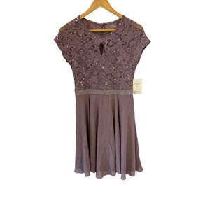 New With Tags LASCALA Formal Dress Beaded Purple Short Sleeve Chiffon Large